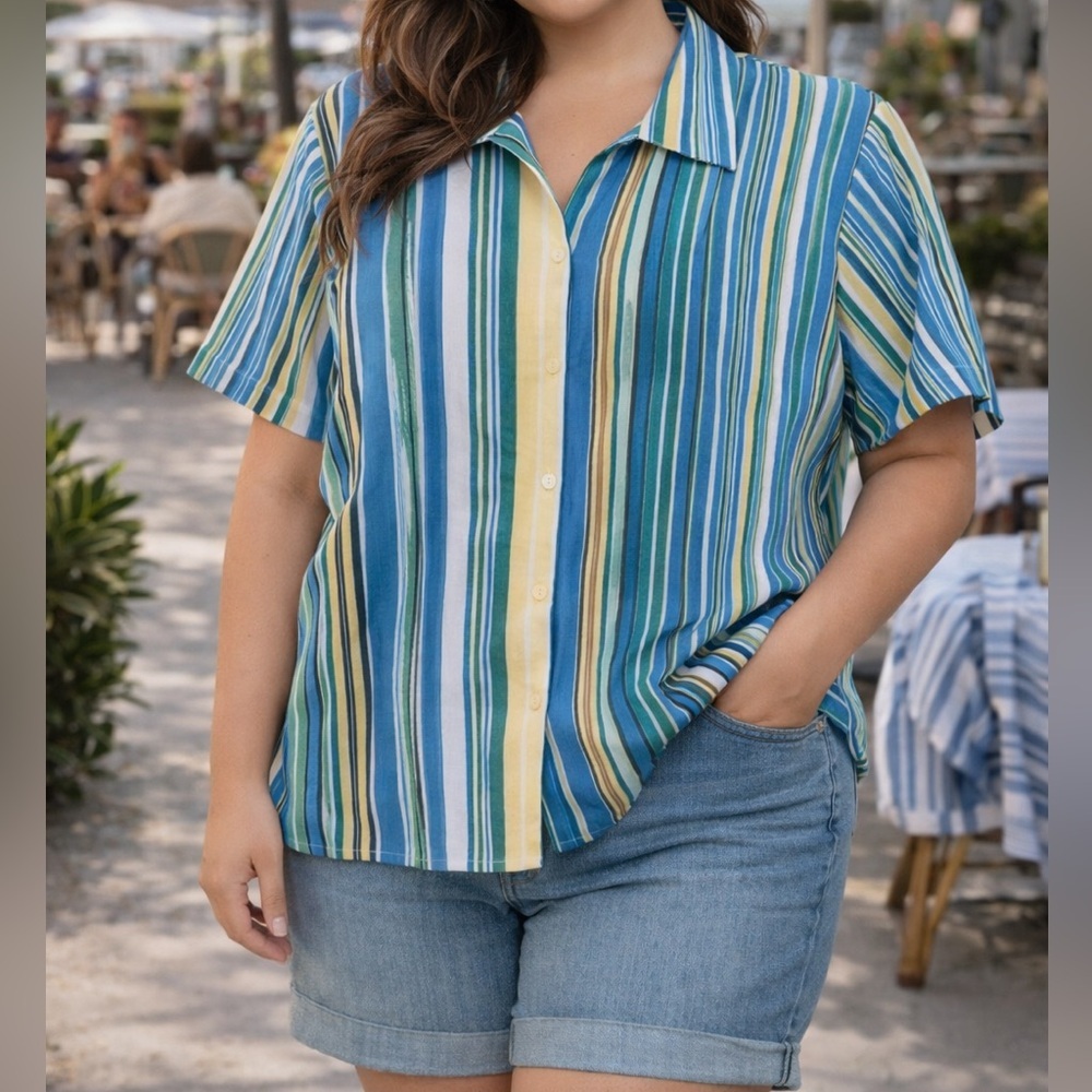 Allison Daley Striped Button Down Shirt Blue Yellow White Short Sleeve Blouse